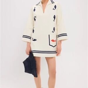 Alemais Cream and Blue Resort Mini Dress with Sailor Collar
